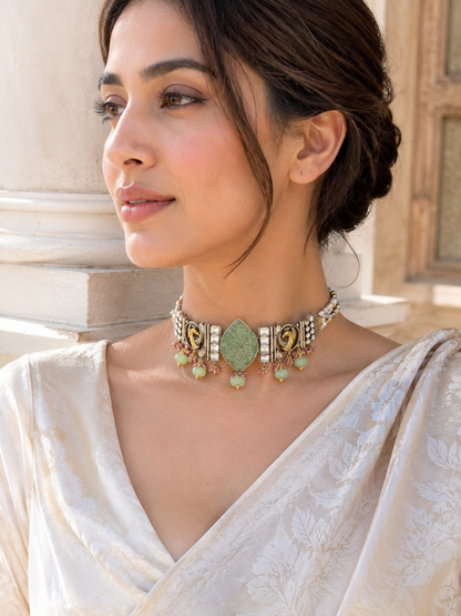 SUMA Carved Green Aventurine Choker – Intricate Gold Detailing & Pearl Embellishments
