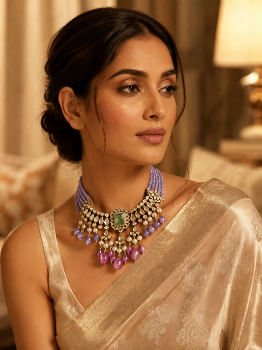 Royal Green Onyx moissanite Bridal Choker Necklace with tazanite, ruby & pearl drops