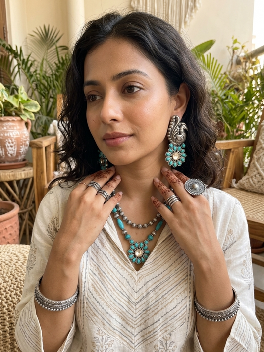 Turquoise Peacock Oxidized 92.5 Silver Earrings