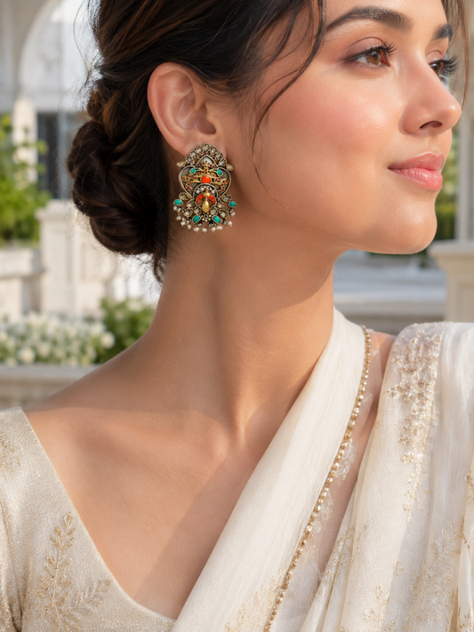 Royal Peacock 92.5 Silver Earrings with Feroza, Coral & Pearls
