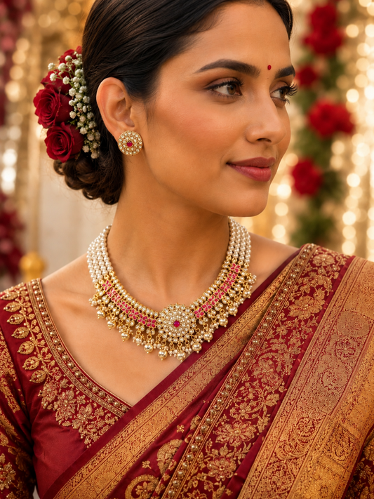 Royal Pearl & Kundan Bridal Necklace Set with Matching Earrings